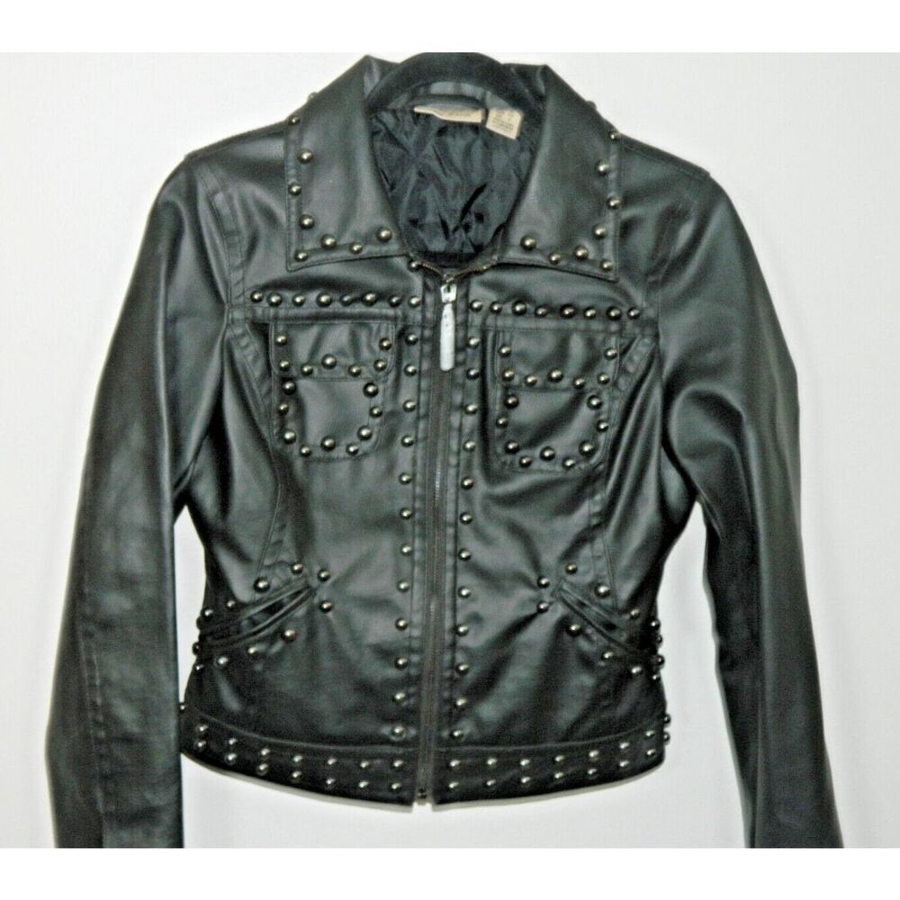 DKNY Jacket Size Smalll Black Faux-Leather Studded Moto Quilted Lining